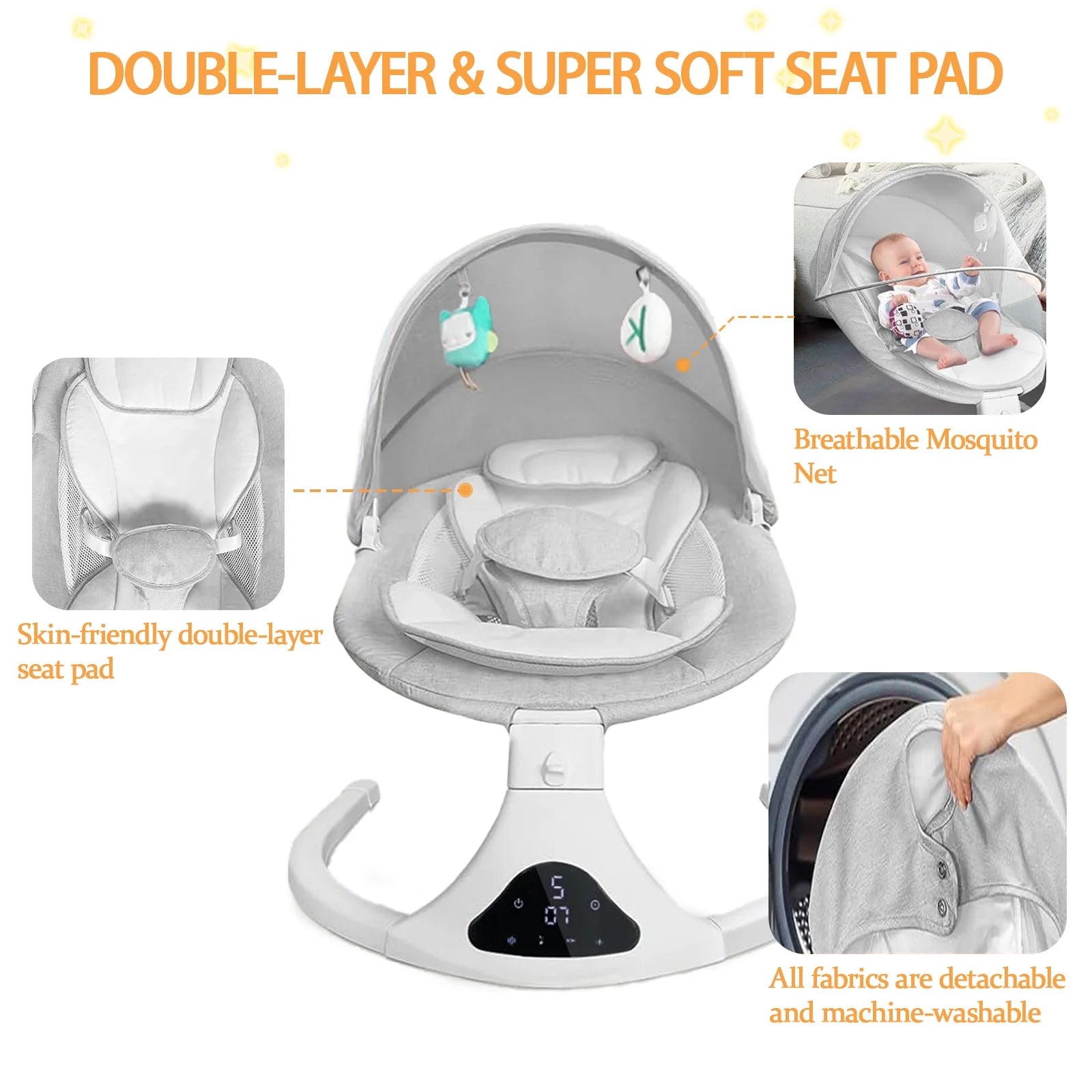 Baby Swing, Baby Swings for Infants Electirc Baby Rocker Bouncer with Remote Control and Music, Gray