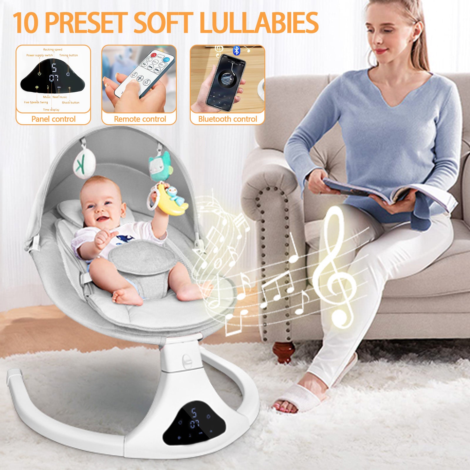 Baby Swing, Baby Swings for Infants Electirc Baby Rocker Bouncer with Remote Control and Music, Gray