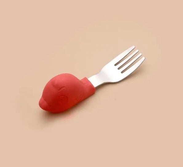 Baby Eating Training Fork Spoon Set Children Cartoon Silicone Short Spoon