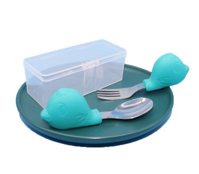 Baby Eating Training Fork Spoon Set Children Cartoon Silicone Short Spoon