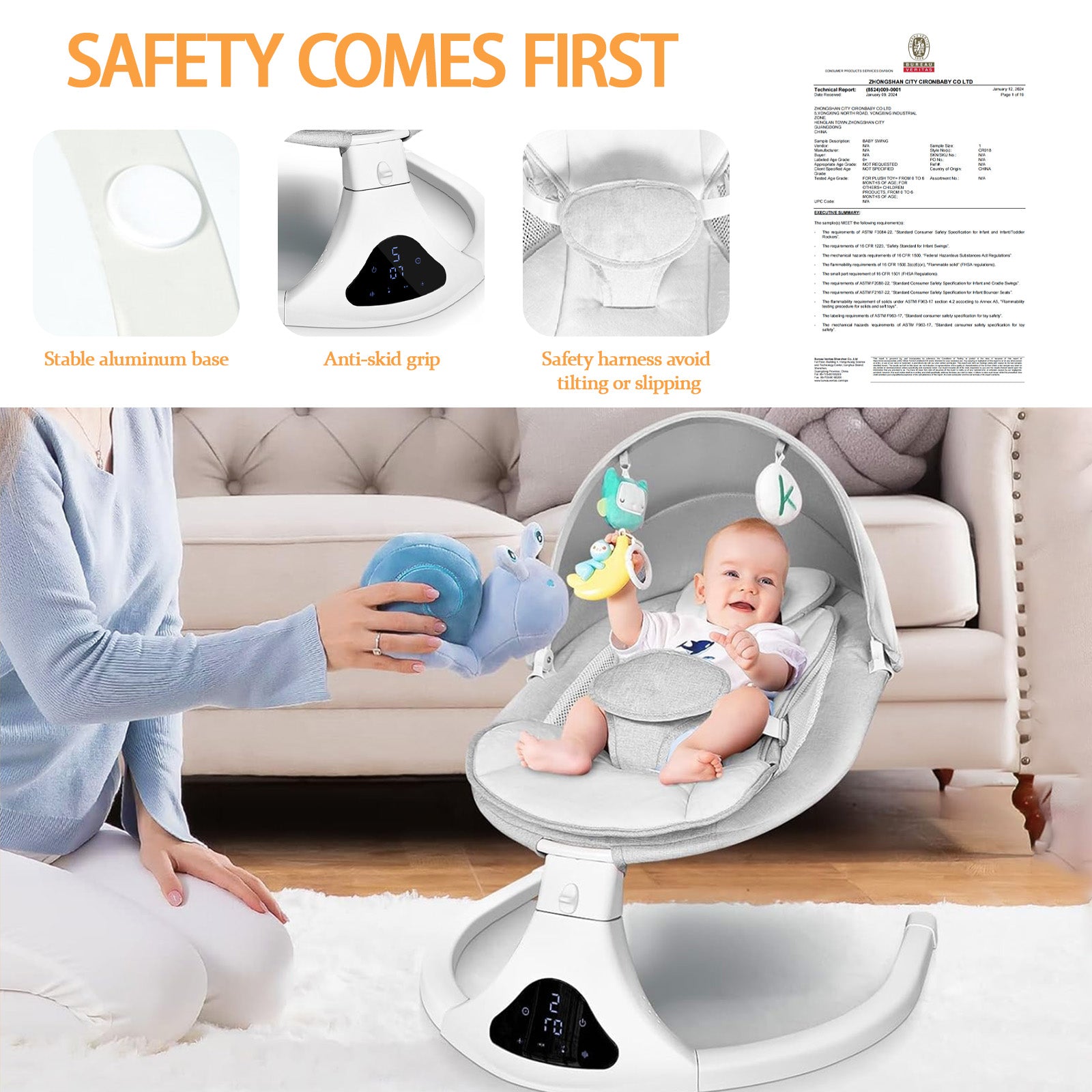 Baby Swing, Baby Swings for Infants Electirc Baby Rocker Bouncer with Remote Control and Music, Gray