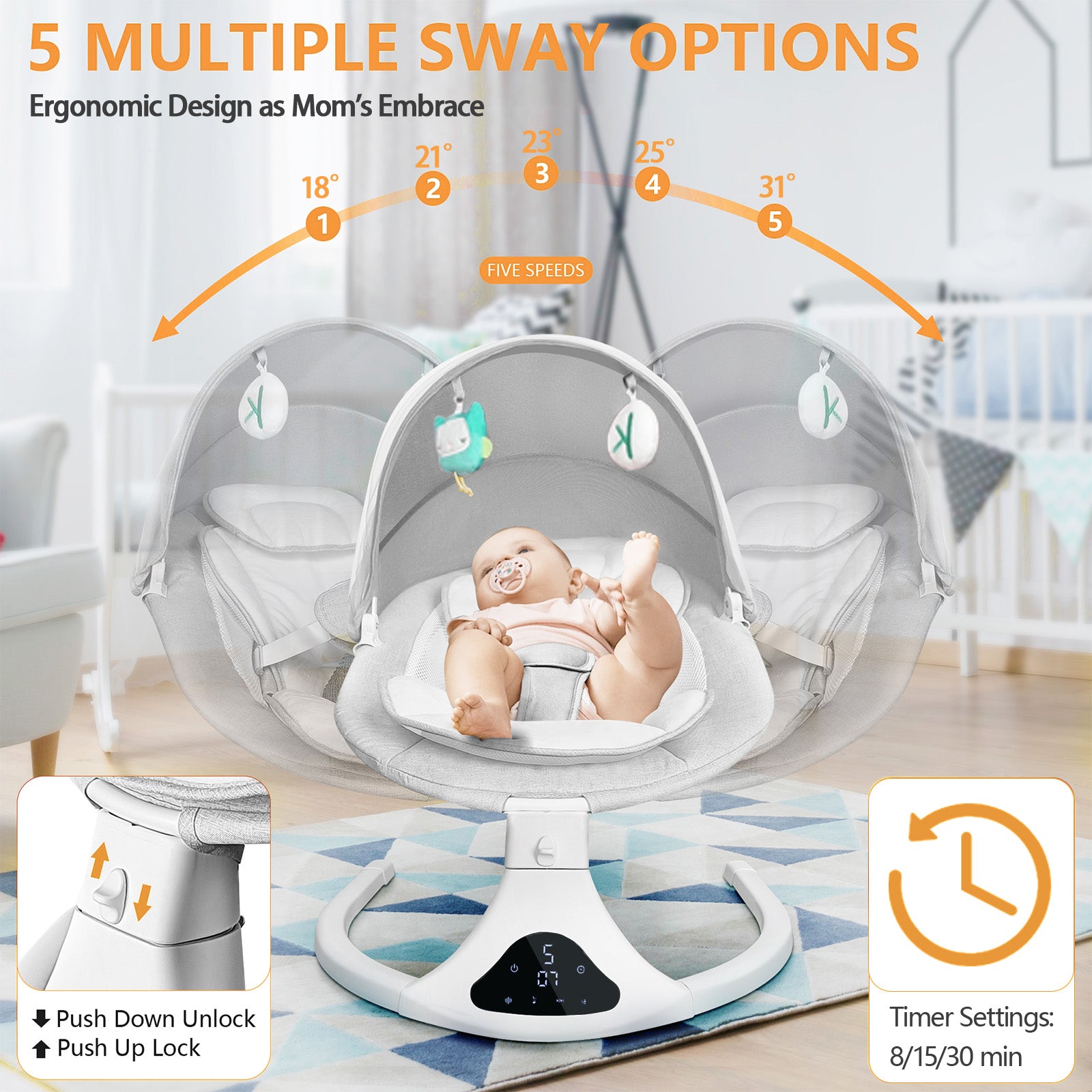 Baby Swing, Baby Swings for Infants Electirc Baby Rocker Bouncer with Remote Control and Music, Gray