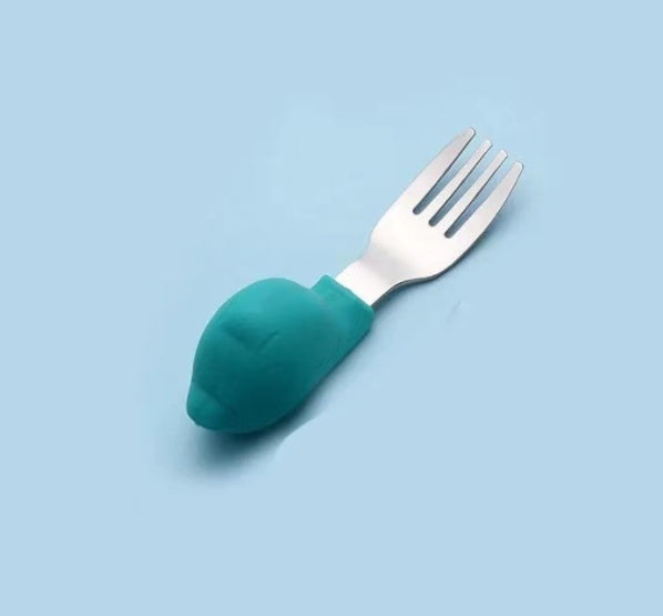 Baby Eating Training Fork Spoon Set Children Cartoon Silicone Short Spoon