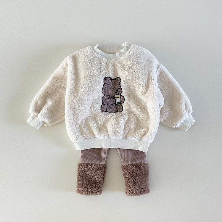 Baby Bear Embroidered Pattern Plush Hoodies Combo Pants Pieces Sets
