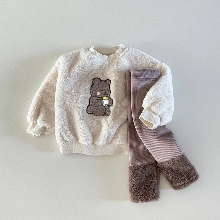 Baby Bear Embroidered Pattern Plush Hoodies Combo Pants Pieces Sets