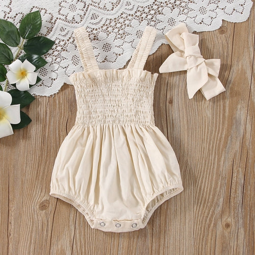 Baby Girls Solid Color Sleeveless Summer Shirred Bodysuit Onesies &