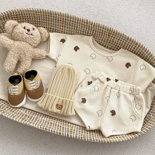 Baby Cartoon Print Pattern Waffle Knitted Fabric Clothing Sets