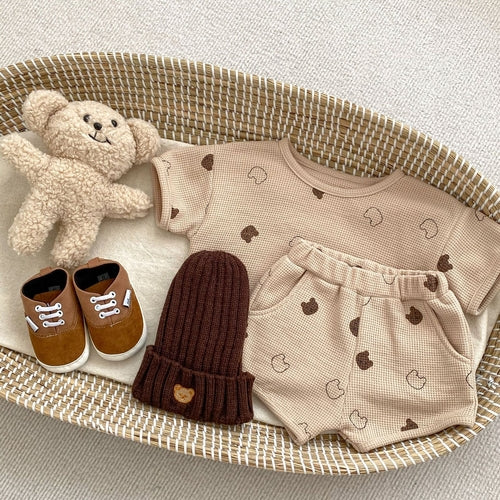 Baby Cartoon Print Pattern Waffle Knitted Fabric Clothing Sets