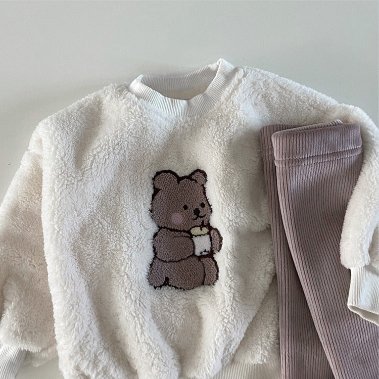 Baby Bear Embroidered Pattern Plush Hoodies Combo Pants Pieces Sets