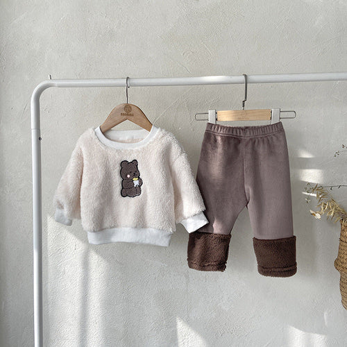 Baby Bear Embroidered Pattern Plush Hoodies Combo Pants Pieces Sets