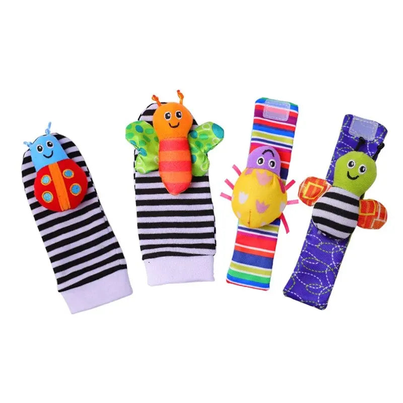 4Pcs Baby Toy 0-12 Months Baby Rattles Toys Animal Socks Wrist Strap +Rattle Baby Foot Socks Bug Wrist Strap Toddler Socks