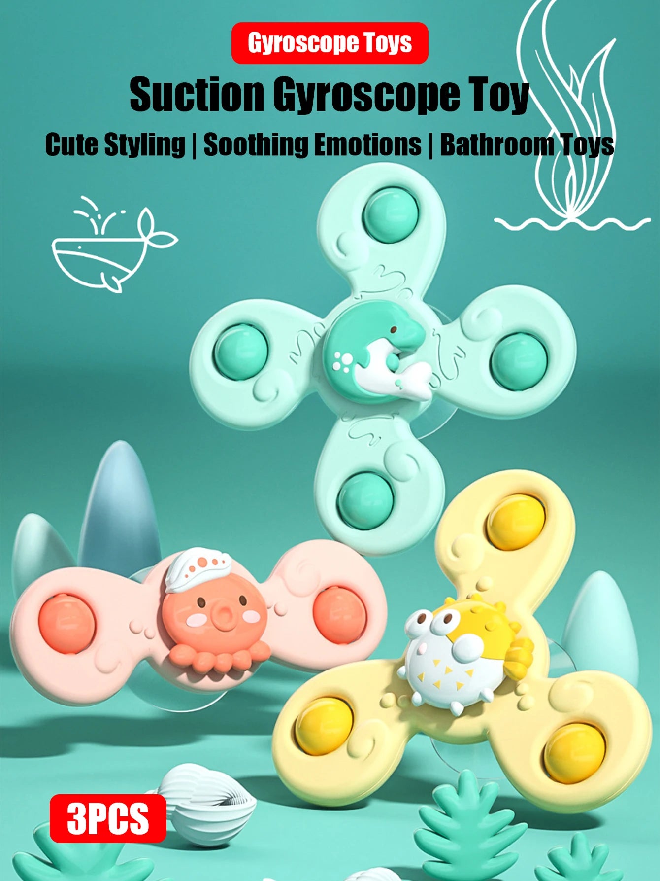 3PCS Suction Cup Spinner Toy Baby Bath Funny Game Educational Toys For Children Girls Boys Infant Sensory Stress Reliever Gift