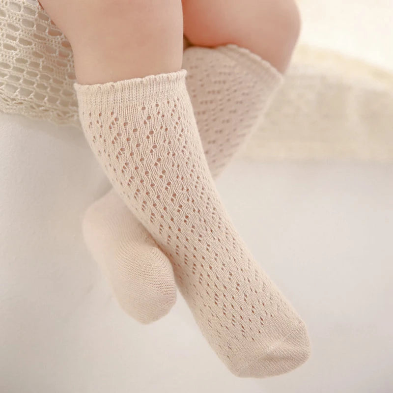 Baby Girls Princess Knitted Mesh Socks Summer Soft Toddler Girls Knee High Socks Cotton Infant Newborn Girls Long Tube Stockings