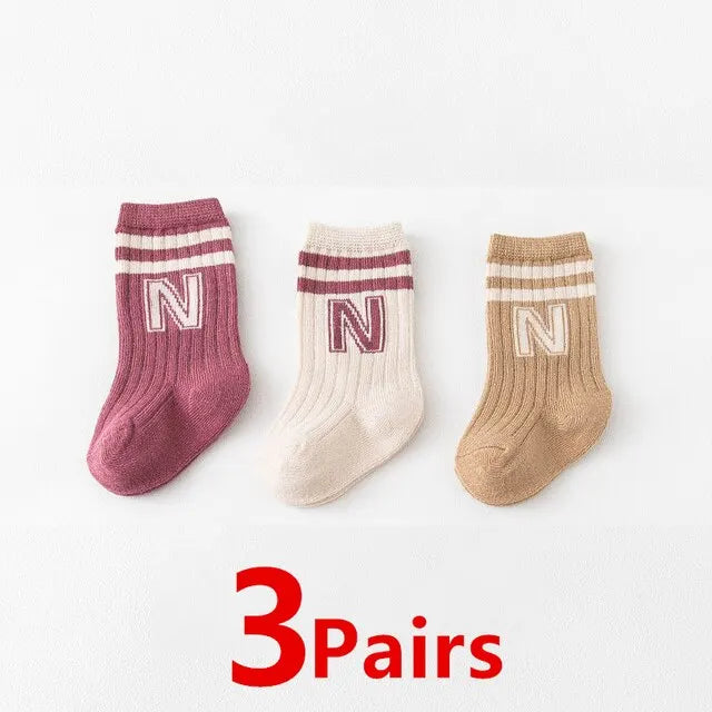 3 Pairs Baby Letter Socks Knit Soft Cotton Sock Kids Long Knee High Socks Infant Toddler Baby Boys Girls Cute Stripe Socks