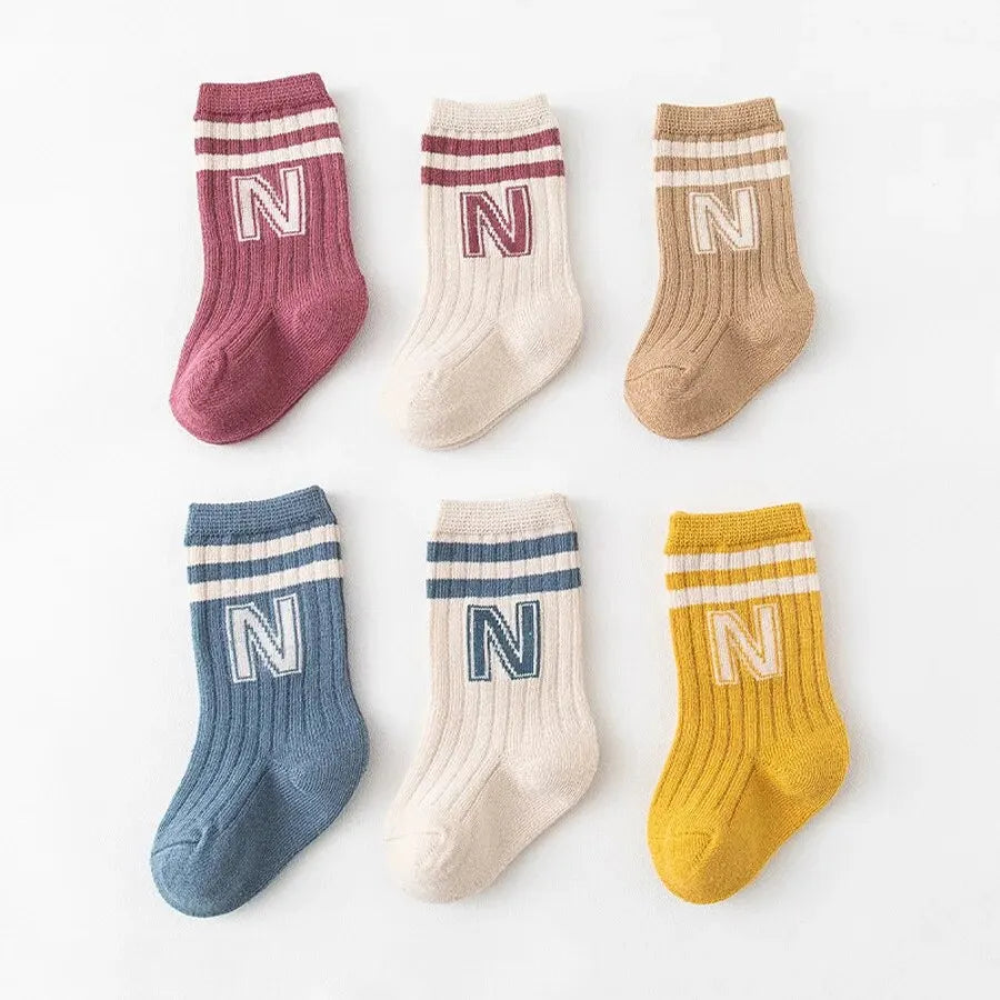 3 Pairs Baby Letter Socks Knit Soft Cotton Sock Kids Long Knee High Socks Infant Toddler Baby Boys Girls Cute Stripe Socks