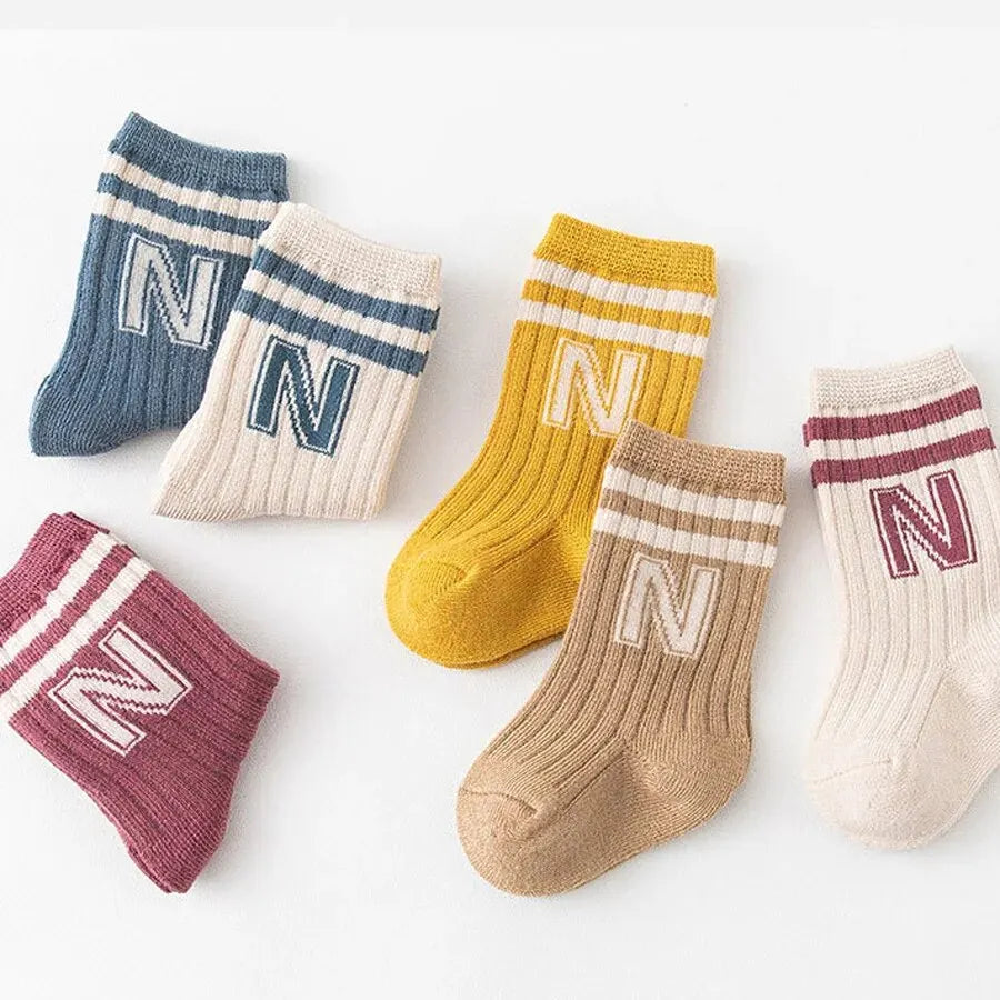 3 Pairs Baby Letter Socks Knit Soft Cotton Sock Kids Long Knee High Socks Infant Toddler Baby Boys Girls Cute Stripe Socks