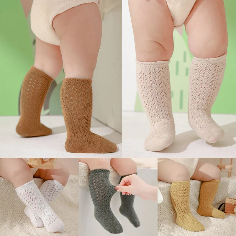 Baby Girls Princess Knitted Mesh Socks Summer Soft Toddler Girls Knee High Socks Cotton Infant Newborn Girls Long Tube Stockings