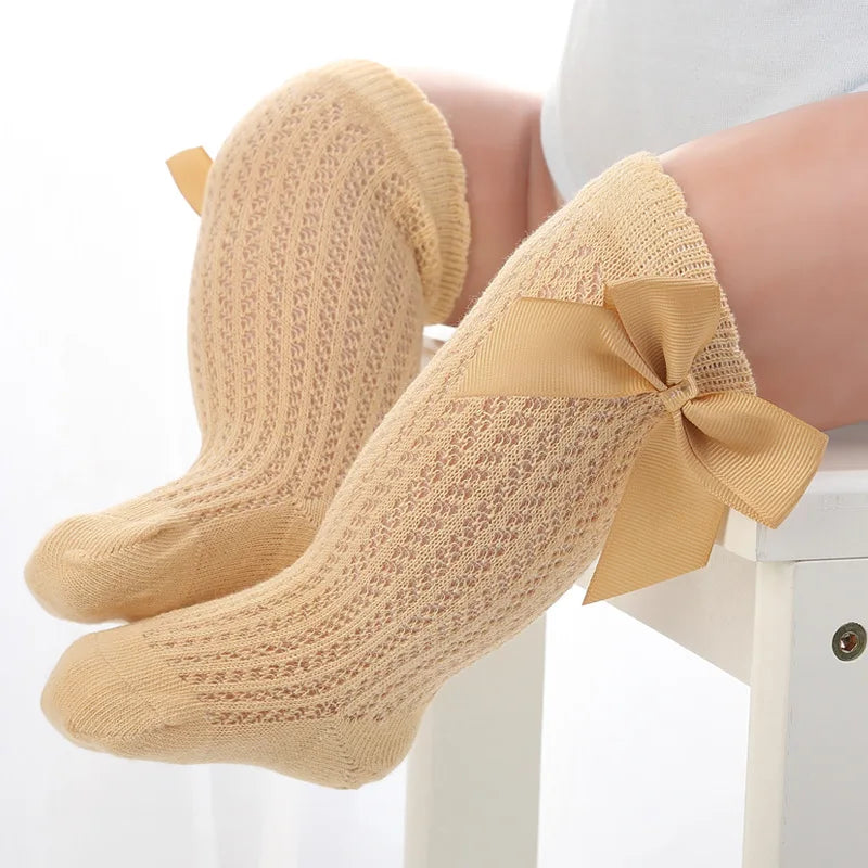 Baby Girls Princess Knitted Mesh Socks Summer Soft Toddler Girls Knee High Socks Cotton Infant Newborn Girls Long Tube Stockings