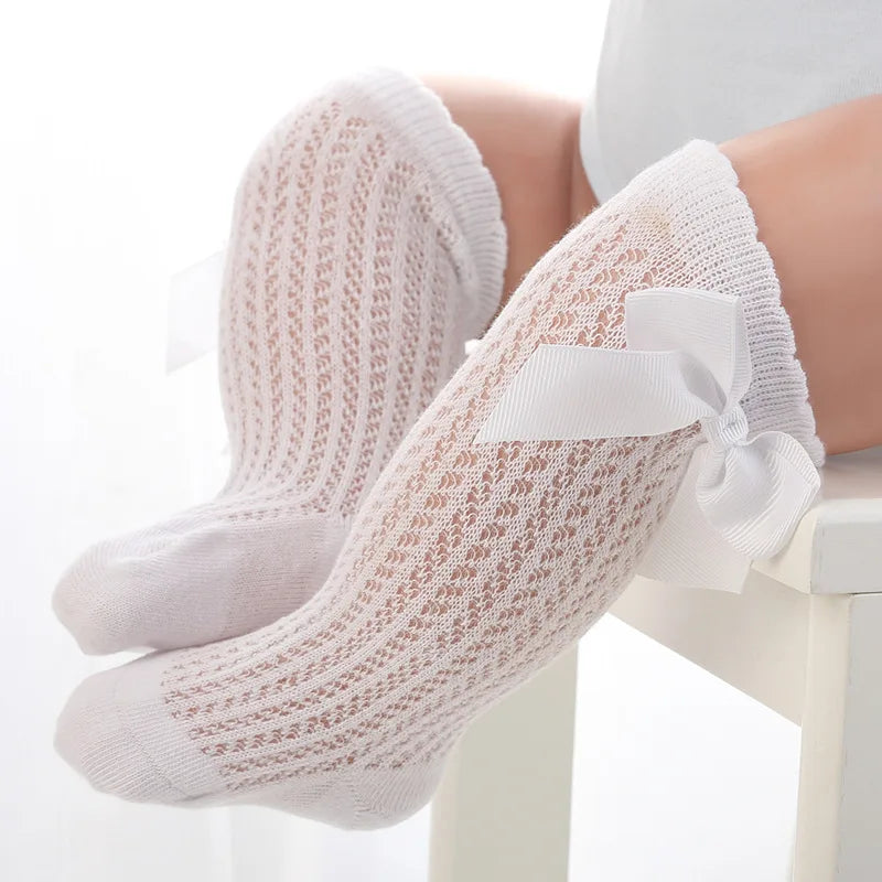 Baby Girls Princess Knitted Mesh Socks Summer Soft Toddler Girls Knee High Socks Cotton Infant Newborn Girls Long Tube Stockings