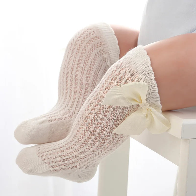 Baby Girls Princess Knitted Mesh Socks Summer Soft Toddler Girls Knee High Socks Cotton Infant Newborn Girls Long Tube Stockings