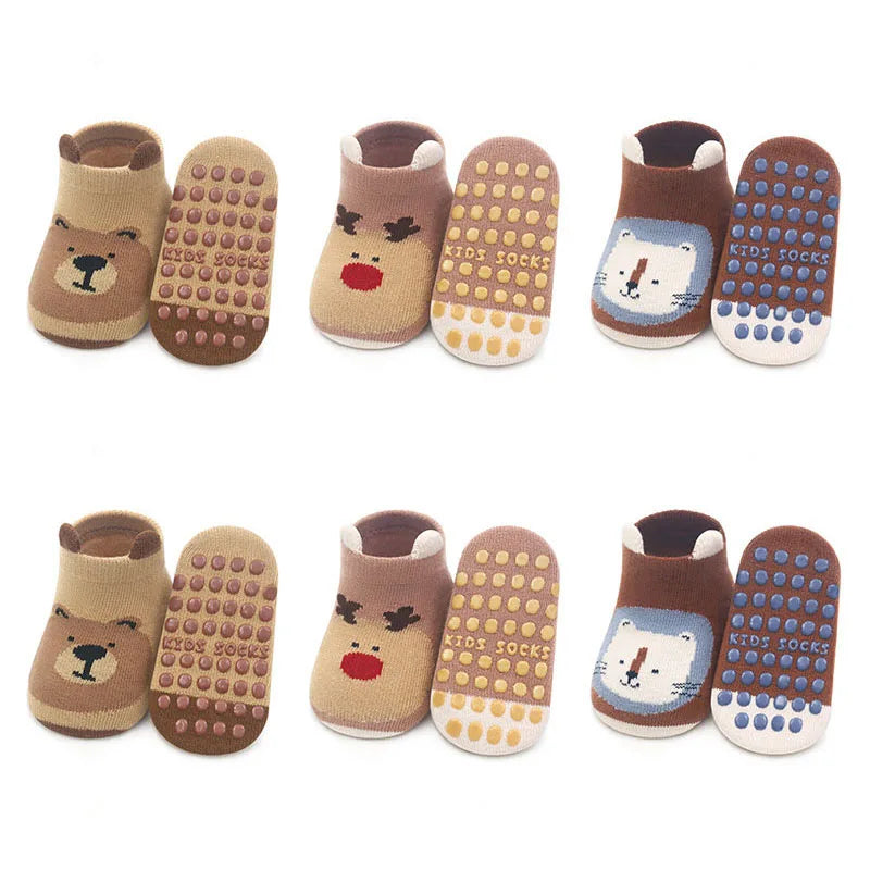 6 Pairs Kids Cotton Socks Non-slip Boys and Girls Cute Cartoon Animal Patterned Comfy Breathable Baby Floor Socks