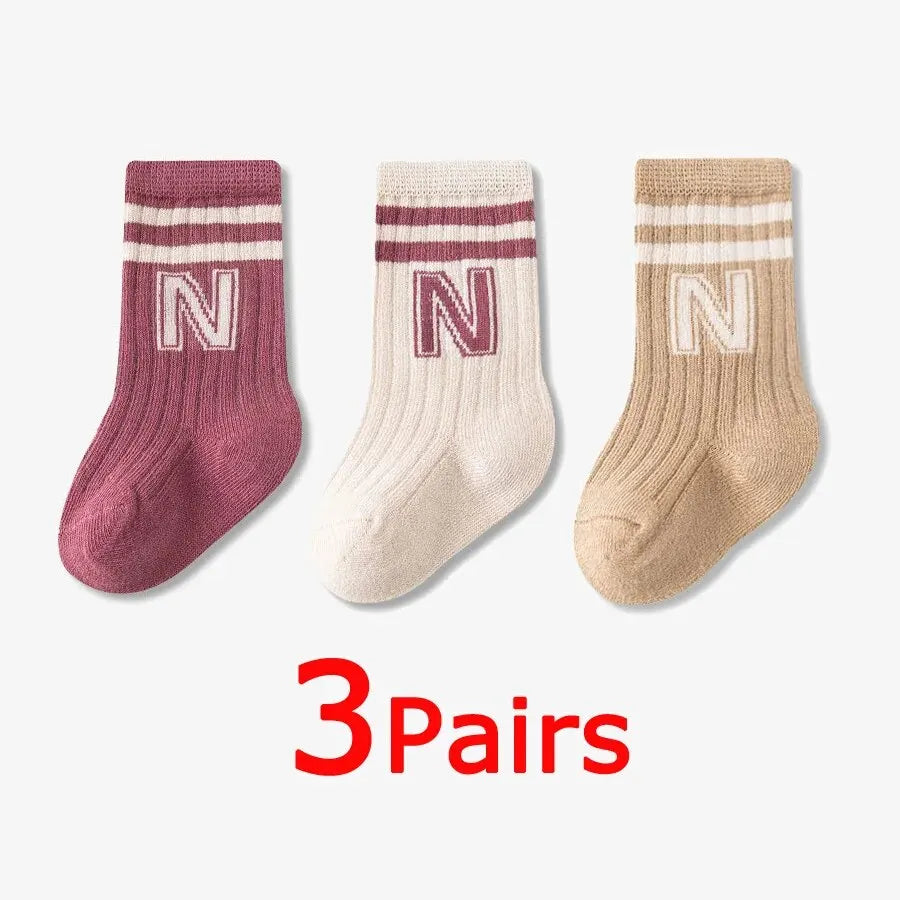 3 Pairs Baby Letter Socks Knit Soft Cotton Sock Kids Long Knee High Socks Infant Toddler Baby Boys Girls Cute Stripe Socks
