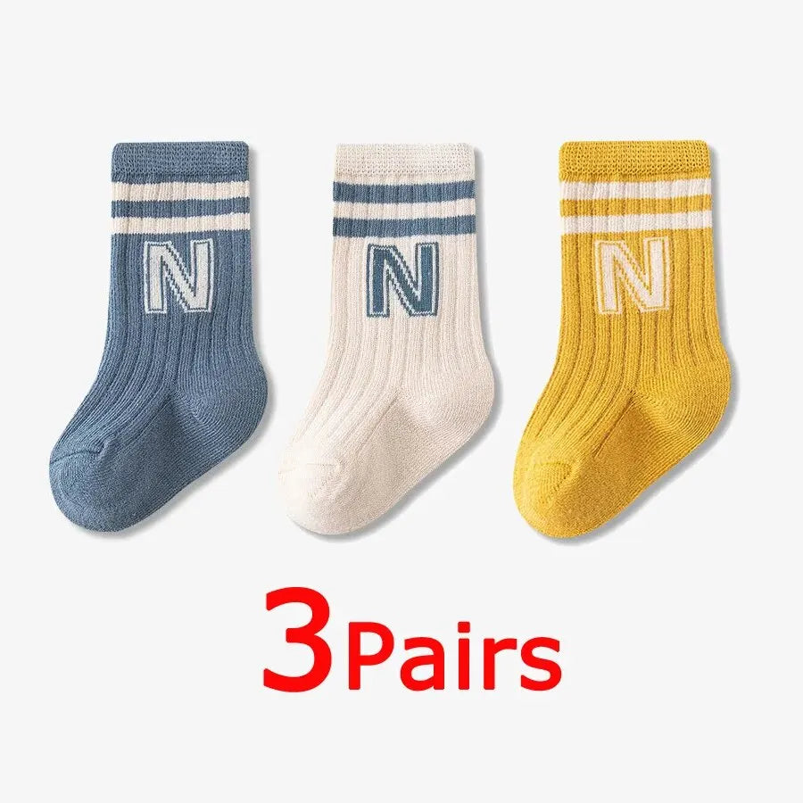3 Pairs Baby Letter Socks Knit Soft Cotton Sock Kids Long Knee High Socks Infant Toddler Baby Boys Girls Cute Stripe Socks