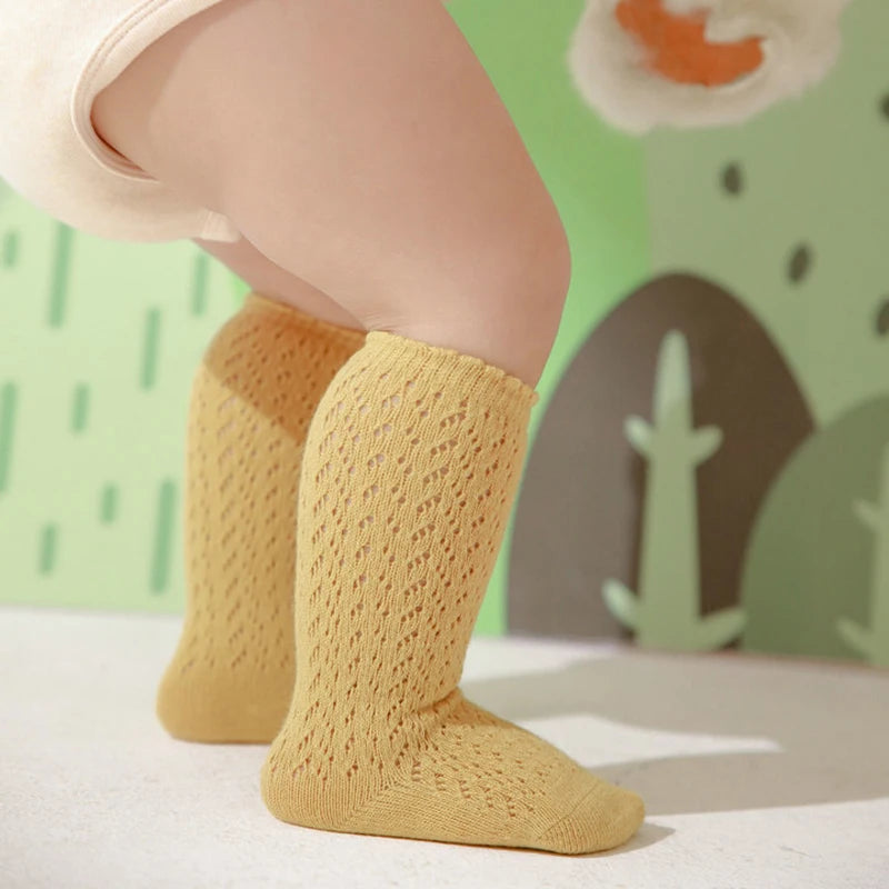 Baby Girls Princess Knitted Mesh Socks Summer Soft Toddler Girls Knee High Socks Cotton Infant Newborn Girls Long Tube Stockings