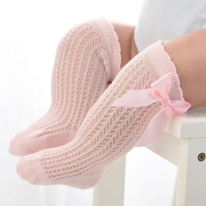Baby Girls Princess Knitted Mesh Socks Summer Soft Toddler Girls Knee High Socks Cotton Infant Newborn Girls Long Tube Stockings